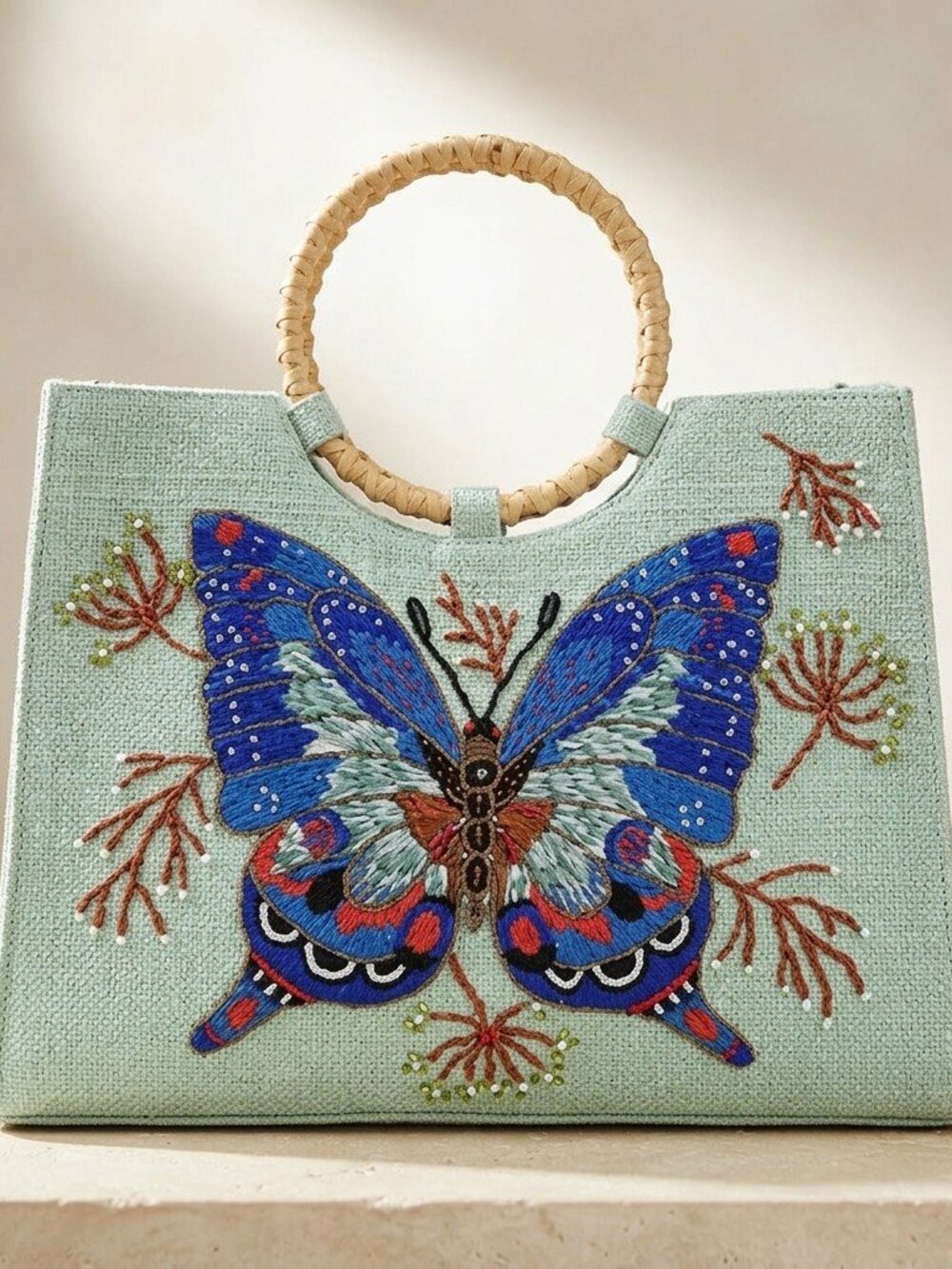 Embroidered Butterfly Mint Tote Bag with Bamboo Handles - Picture 5 of 5